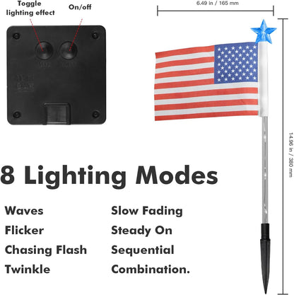 Set of 6 Solar American Flag Lights with Patriotic Stars for Outdoor 4th of July Decorations