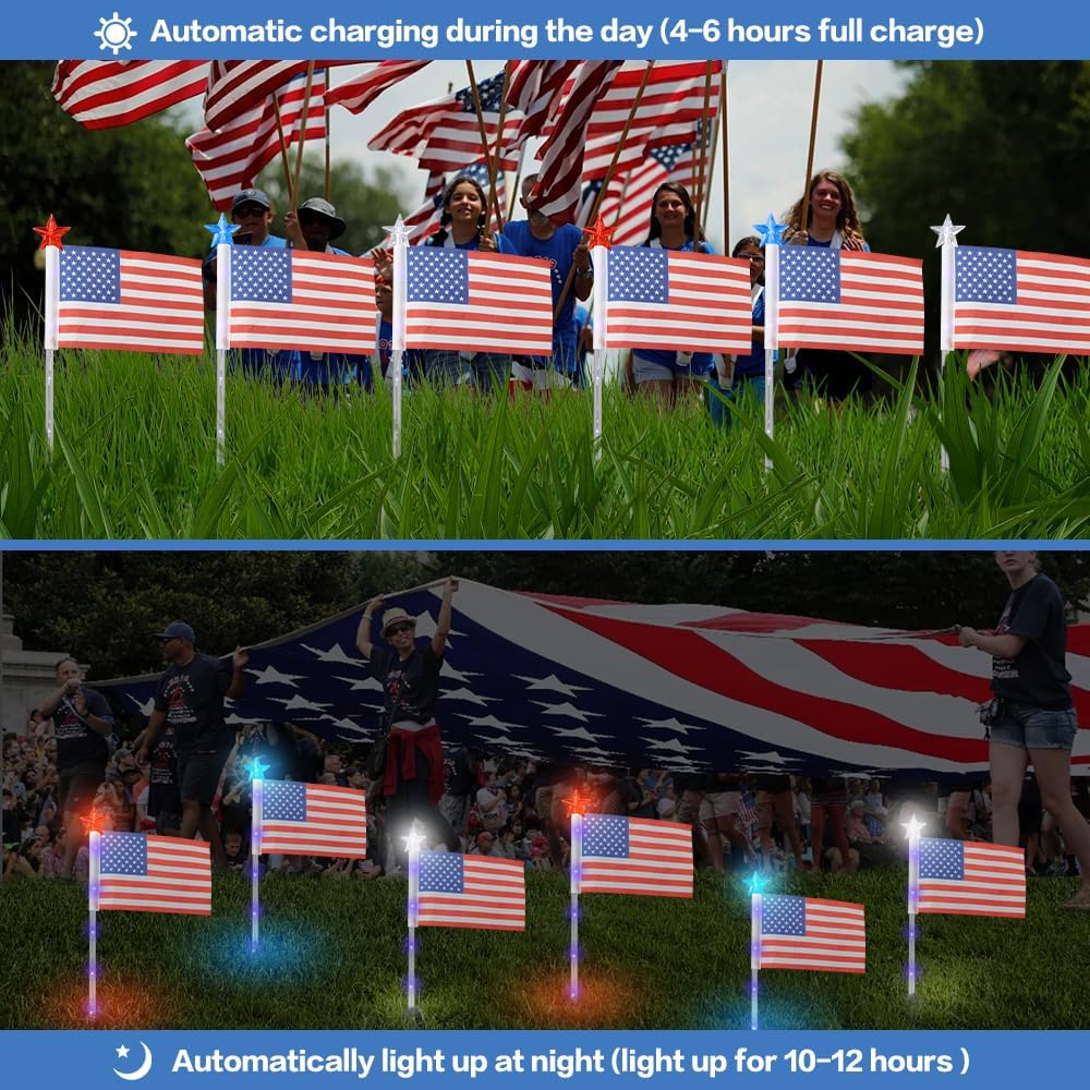 Set of 6 Solar American Flag Lights with Patriotic Stars for Outdoor 4th of July Decorations