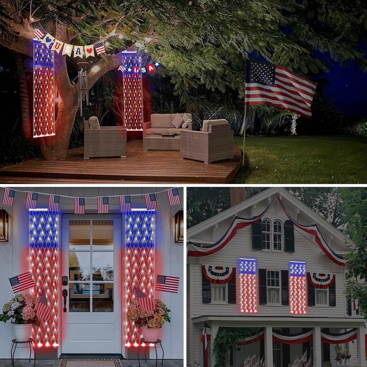 Set of 2 American Flag Lights with 336 LED for 4th of July, Outdoor Timer and 8 Modes, 6.6Ft x 1.2Ft