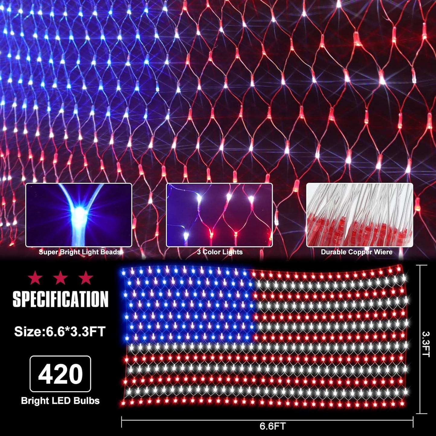 Super Bright American Flag Lights with 243 LEDS for Patriotic Memorial Day and Independence Day Decorations