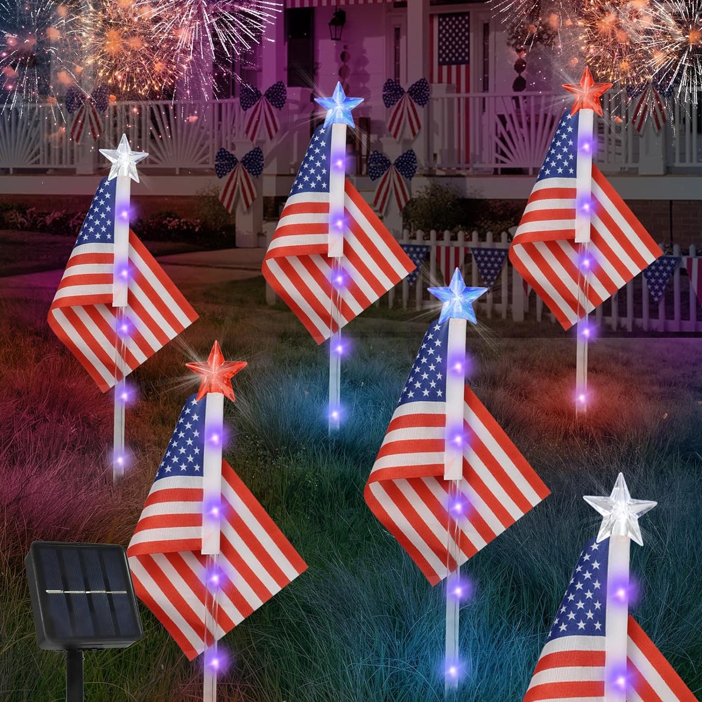 Set of 6 Solar American Flag Lights with Patriotic Stars for Outdoor 4th of July Decorations