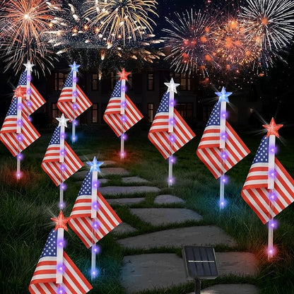 Set of 6 Solar American Flag Lights with Patriotic Stars for Outdoor 4th of July Decorations