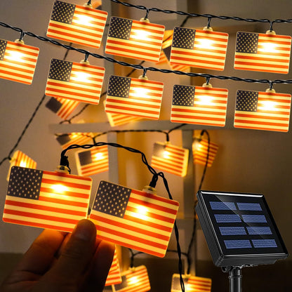 30 Big American Flag Solar String Lights - Patriotic Outdoor Decor for July 4th, Christmas, and Memorial Day