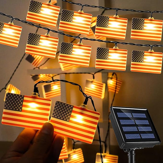 30 Big American Flag Solar String Lights - Patriotic Outdoor Decor for July 4th, Christmas, and Memorial Day