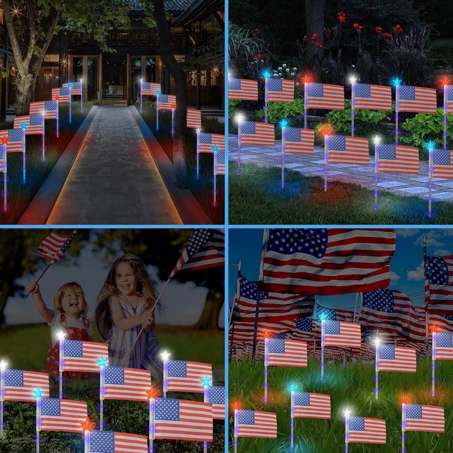 Set of 6 Solar American Flag Lights with Patriotic Stars for Outdoor 4th of July Decorations