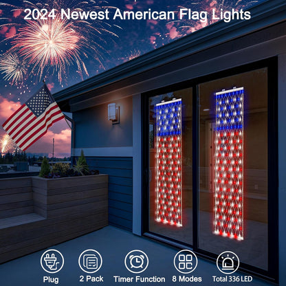 Set of 2 American Flag Lights with 336 LED for 4th of July, Outdoor Timer and 8 Modes, 6.6Ft x 1.2Ft