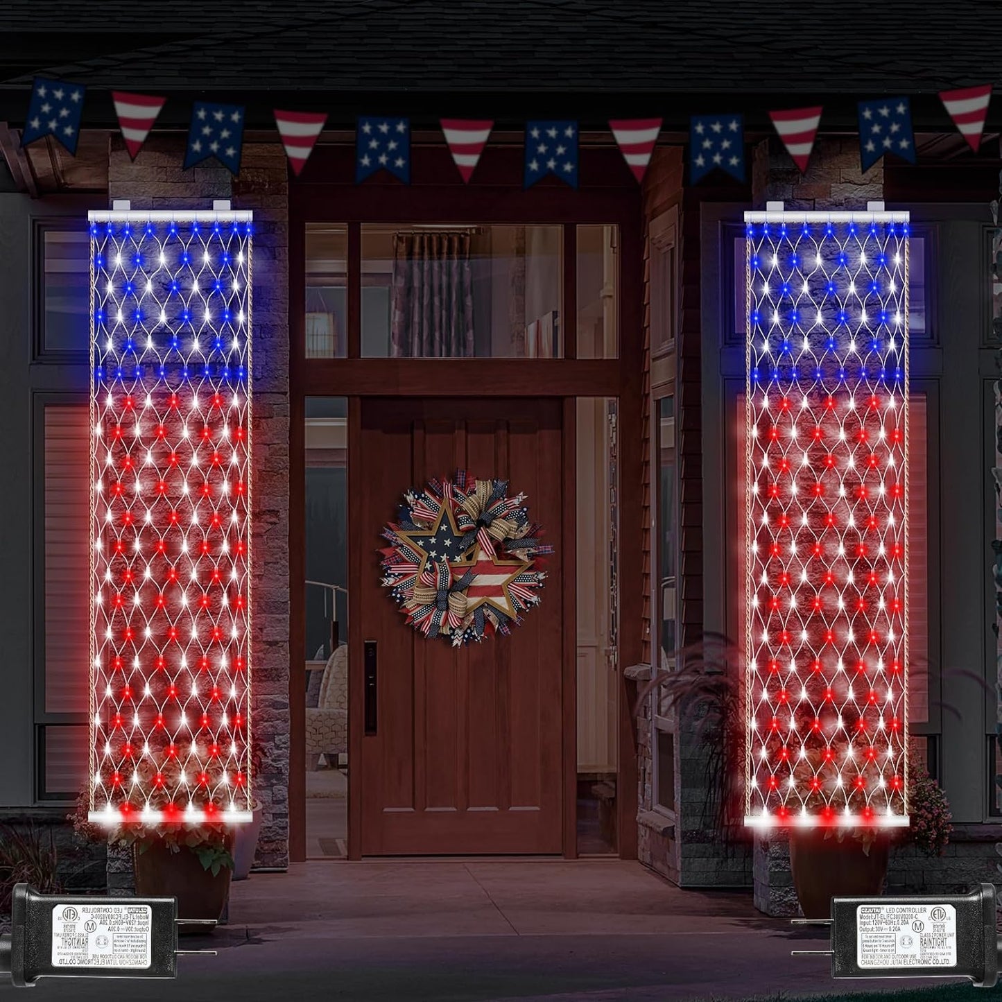 Set of 2 American Flag Lights with 336 LED for 4th of July, Outdoor Timer and 8 Modes, 6.6Ft x 1.2Ft